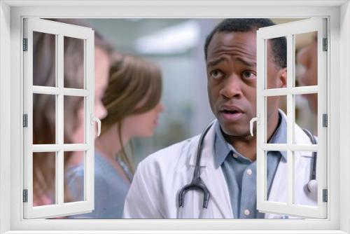 A doctor, talking to a family at the hospital, their faces showing care and concern