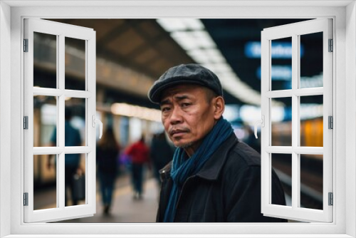 A serious middle-aged man wearing a cap and scarf stands on a train station platform with people in the background.
