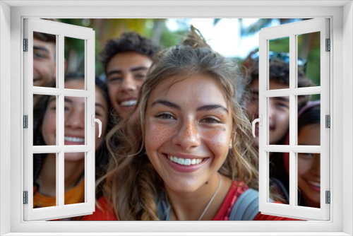 A group of happy, multicultural college students take a selfie picture on campus, enjoying their time together outside of school as part of the back-to-school festivities.