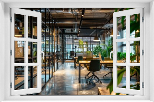 Modern open space office interior with glass walls, wooden desks and chairs for workers in an urban setting