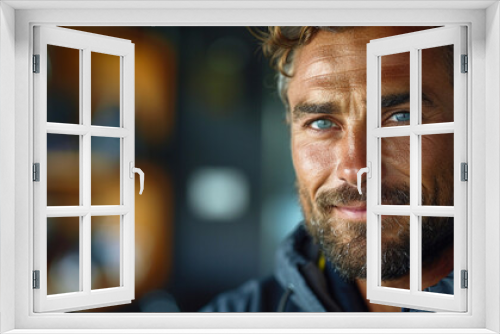 Portrait of handsome mature man smiling at camera at barbershop