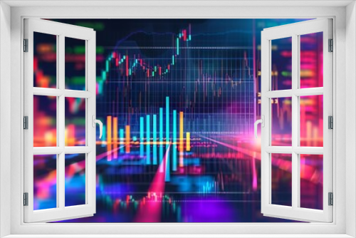 Vibrant stock market chart and financial data background with a colorful holographic bar graph, line, 