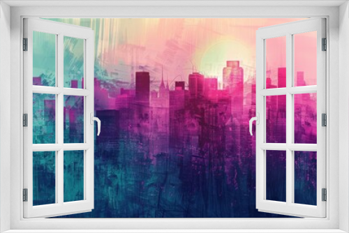 An artistic representation of urban architecture with vibrant gradient tones from teal to magenta