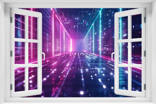 Abstract futuristic technology background with glowing neon light and grid line pattern, 3d rendering of geometric backdrops in modern tech style, high-tech digital art design for innovative concepts 