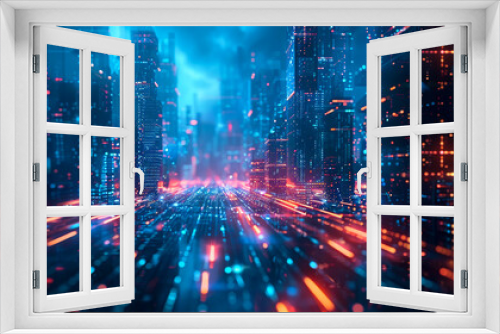 Futuristic Cityscape with Holographic Interfaces. A dynamic cityscape illuminated with holographic interfaces, neon lights, showcasing futuristic vision of a technologically advanced urban environment