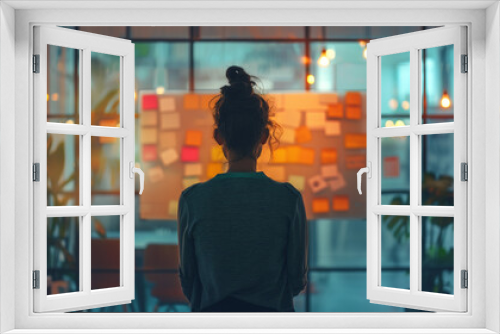 Female Professional Planning Strategy  - A woman stands in front of a glass board covered with colorful sticky notes in a modern office, epitomizing strategic planning, creativity, and innovative thin