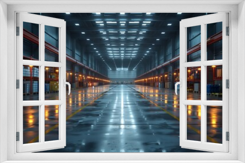 Spacious Industrial Warehouse Interior. Wide-angle view of a spacious industrial warehouse with high ceilings, shelves, and bright lighting, showcasing efficient storage solutions and logistics.