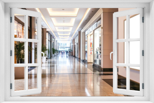 A modern shopping mall corridor with polished floors, potted plants, various storefronts, and an empty advertisement frame on the wall.