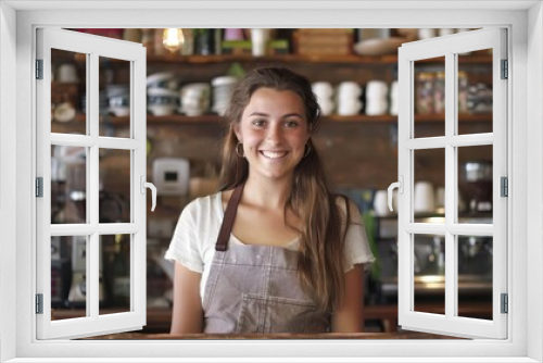 cheerful cafe proprietor young woman in apron behind counter genuine smile lighting up face embodying warmth and hospitality of small business