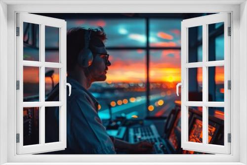 Air traffic controller in control tower at sunrise, overseeing morning flights. Highlighting the mix of technology and human coordination essential for aviation safety and efficiency.