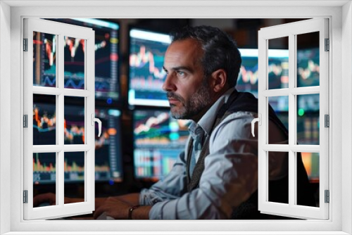 A professional trader in a sleek office, analyzing stock market trends on multiple monitors, highlighting expertise and commitment.