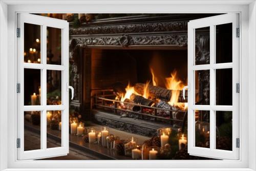 Festive nautical christmas scene with yule log fireplace and rich decor in warm lighting