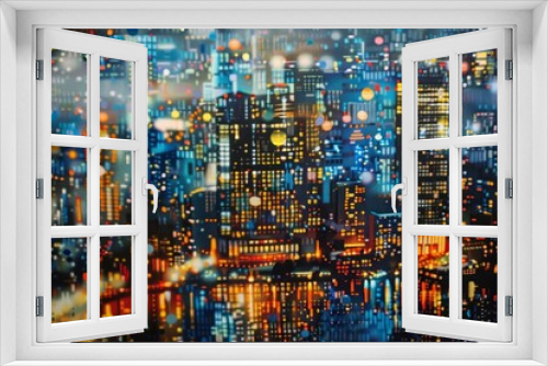 Urban Night Skyline Painting, Depict the sprawling cityscape at night, with the glittering lights of the city shining brightly