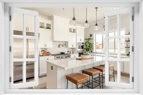 A bright, modern kitchen featuring a large island with bar stools, stainless steel appliances, and white cabinetry under ample natural light.