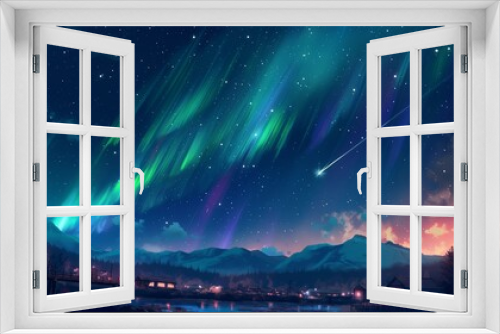 A beautiful night sky with a bright star shooting across the sky. Anime background. Anime sky. Anime wallpaper