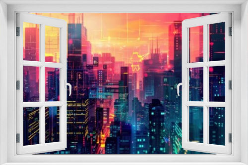 Vibrant futuristic cityscape with neon lights and skyscrapers, showcasing a digital, cyberpunk-inspired urban landscape during sunset.