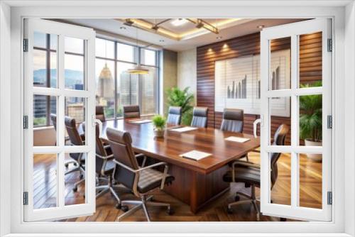 A modern conference room with a large wooden table, leather chairs, and a whiteboard filled with financial charts, graphs, and notes on a new business venture.