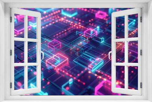 Abstract glowing circuit board with pink and blue neon lights.