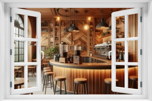 Interior design of cafe with wooden vintage style, decorated with warm and cozy tones, relaxing tones with classic old wood round corner counter and coffee machinery