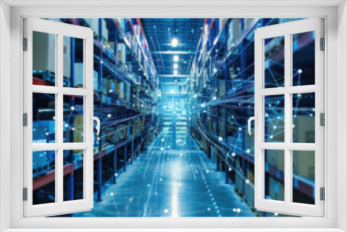 Modern warehouse with digital data network overlay and shelves stocked with boxes and packages