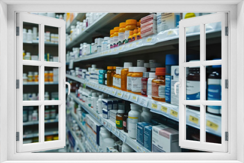 Well Stocked Pharmacy Shelves with Medication Bottles and Supplies