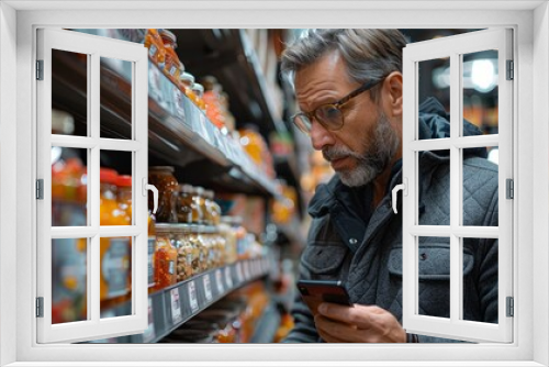 Middle aged man shopping for products and scanning barcode with smartphone at supermarket. , checking information about sauce