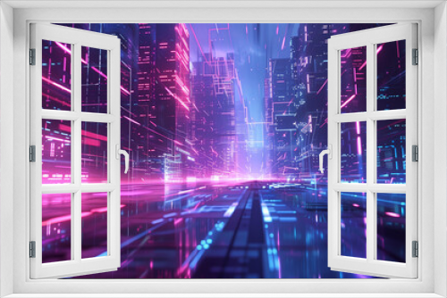 Cyberpunk cityscape with neon lights and holograms