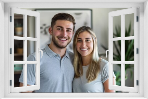 Portrait of a grinning caucasian couple in their 20s wearing a breathable golf polo over stylized simple home office background