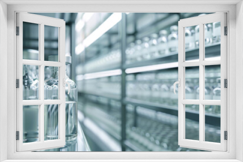 Rows of clear glass vials in a well-lit, modern laboratory setting, reflecting a sense of precision and scientific focus.