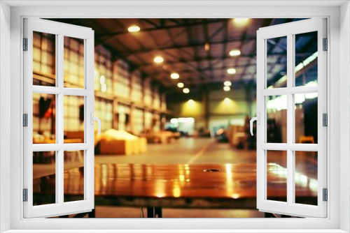 Blurred Industrial Interior with Wooden Table.