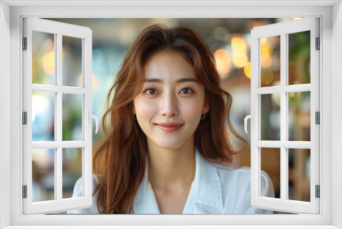 Professional Korean woman in a white blouse video calling in a bright cafe, with flawless skin and tidy hair.

