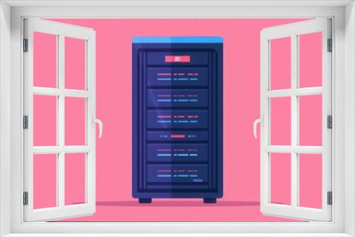 Illustration of a server rack with a pink background, symbolizing data storage, technology, and modern computing infrastructure.