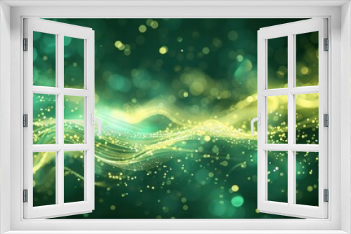 Golden and Green Particle Background with Light Green Waves and Glowing Bokeh