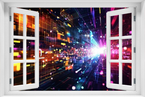A colorful, abstract image of a cityscape with many bright lights and squares