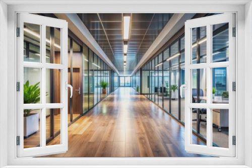 Modern Office Corridor with Glass Walls and Wood Floor, office interior , office design , modern office , office space