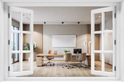 Neutral beige minimalistic modern office interior with a large blank wall, wooden floor, and stylish furniture, perfect for company logo or branding mockup.