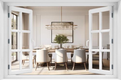 Classic Dining Room with Wooden Table and Upholstered Chairs Featuring Elegant Chandelier and Abstract Art