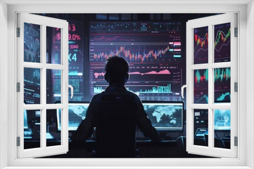 Hacker working in dark room with multiple screens showing charts and graphs.