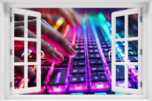 A close-up of a coder's hands on a mechanical keyboard, with colorful backlighting, typing code swiftly.