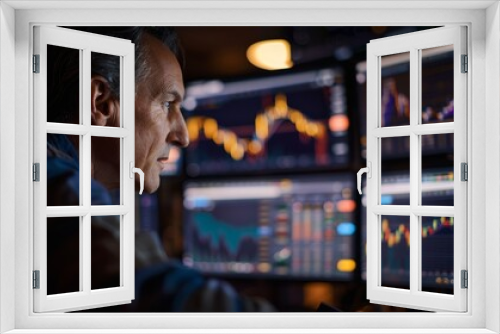 A financial trader in a white suit sits at a desk with multiple computer screens displaying market data, charts, and graphs, ideal for themes of business, finance, and trading.