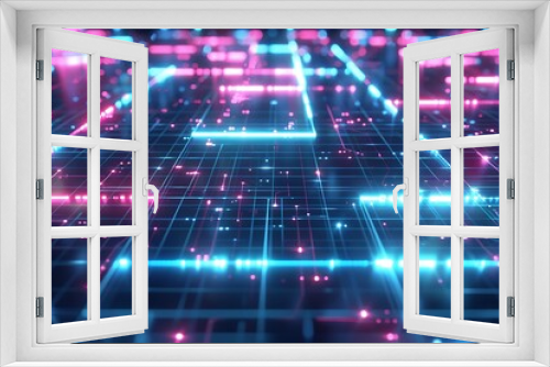 Futuristic cyber grid design, glowing neon blue and pink lights in a 3D digital space.