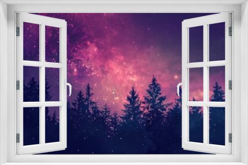 Beautiful gradient starry sky in cosmic violet and pink hues with forest tree silhouettes, perfect for phone wallpaper