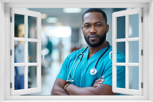 African American doctor in a blue uniform with crossed arms, captured in a professional headshot.