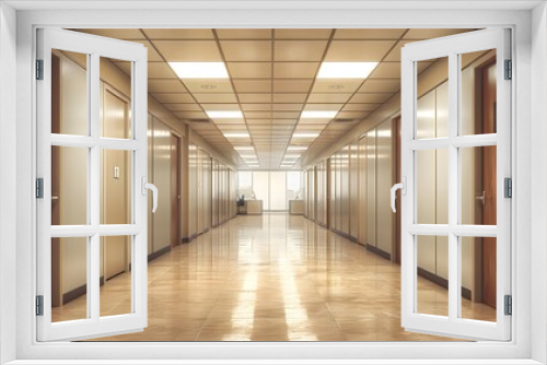 Corporate office cubicles, symmetrical layout, long hallway perspective, fluorescent ceiling lights, beige partitions, brown floor, empty workspace, sterile environment, modern office design.