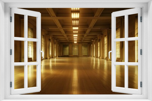 Long, empty wooden floor hall with high ceilings, large windows, and rows of lights