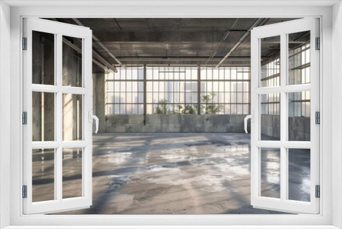 An empty warehouse with concrete floors and a large window.