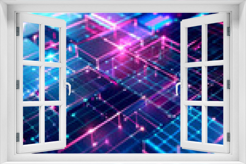 Abstract digital grid with vibrant neon colors, representing futuristic technology and virtual data in a modern design.