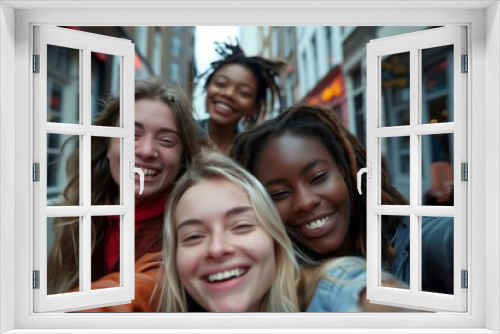 Four young friends are captured laughing and enjoying a fun-filled day outdoors, emphasizing joy, togetherness, and the carefree spirit of youth in an urban setting.