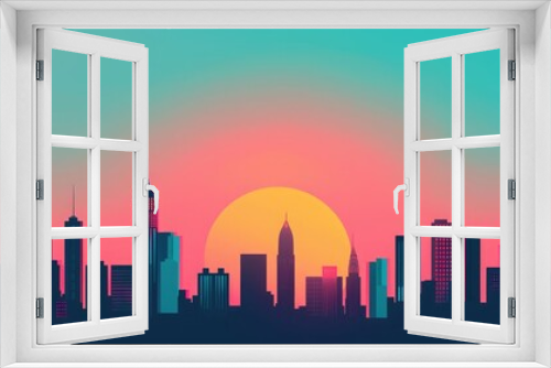 Vibrant minimalist city skyline silhouette at sunset with colorful sky gradients. Modern cityscape illustration with urban skyscrapers.