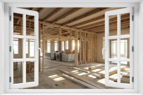 A glimpse into an unfinished homes interior revealing the intricate wooden framework and the promise of future beauty